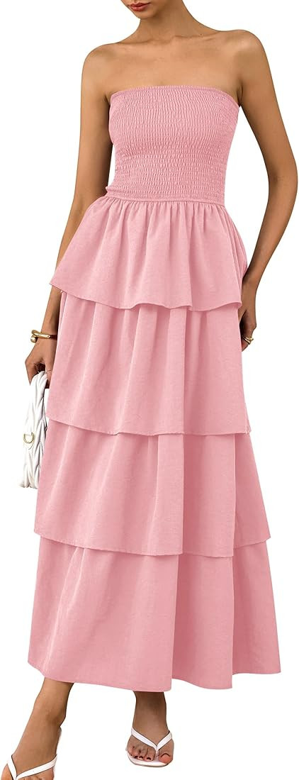 PRETTYGARDEN Women's Maxi Dress 2025 Summer Off Shoulder Smocked Tiered Ruffle Long Flowy Dresses... | Amazon (US)