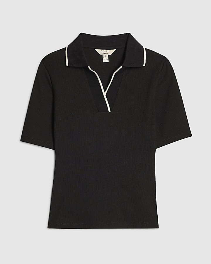Black Cotton Blend Ribbed Polo Top | River Island UK & IE