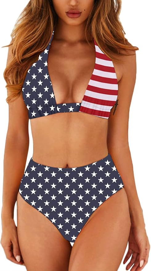 Women's Sexy High Waist Swimsuit 2 Piece Printed Halter Bikini Bathing Suits | Amazon (US)