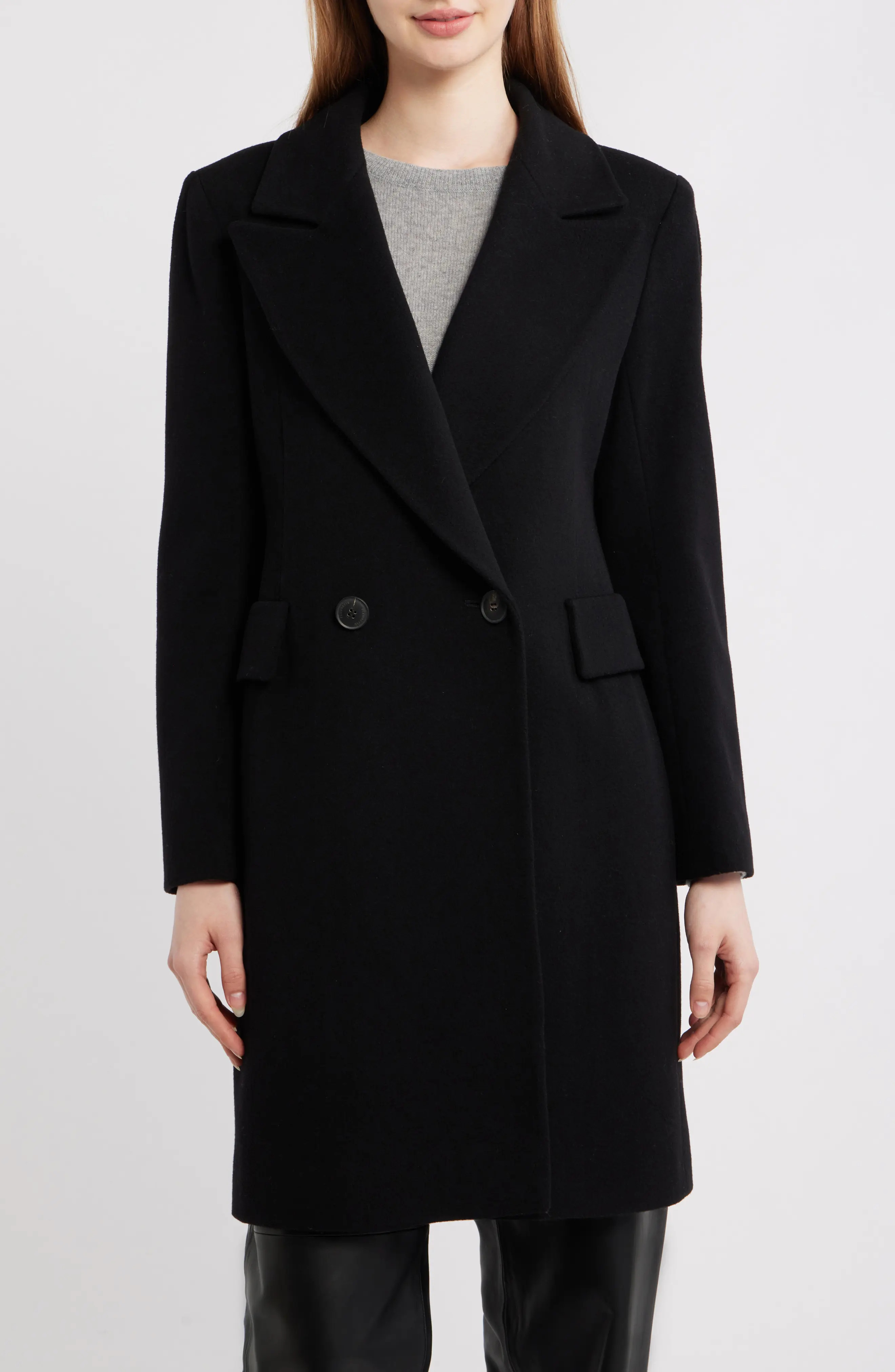 Fleurette Cara Loro Piana Cashmere & Wool Peak Lapel Coat in Black at Nordstrom, Size 14W | Nordstrom