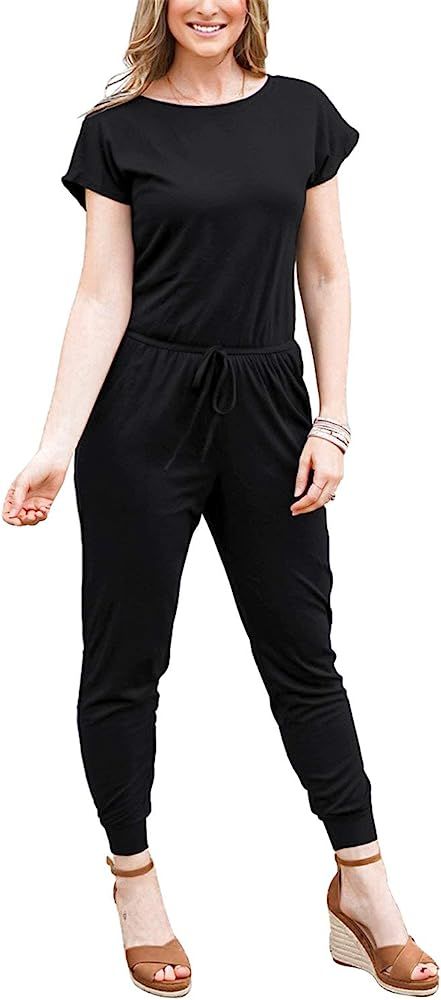 DouBCQ Womens Casual Short Sleeve Jumpsuits Elastic Waist Jumpsuit with Pockets | Amazon (US)