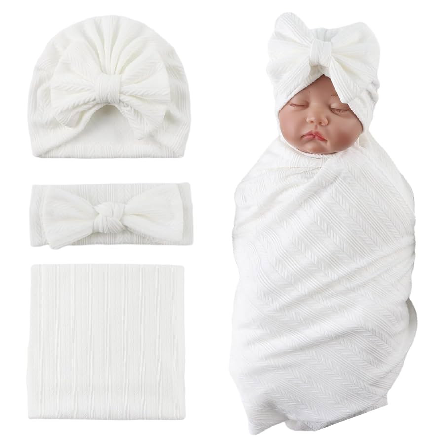 OMUKY Newborn Receiving Blanket Bow Headband and Beanie Set Baby Swaddle Receiving Blankets Baby ... | Amazon (US)