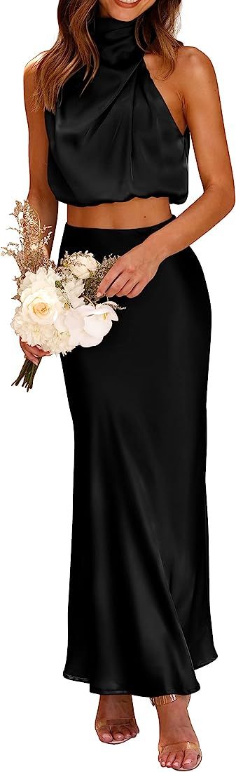 PRETTYGARDEN Women's 2 Piece Satin Outfits Summer Sleeveless Mock Neck Crop Tops And Long Skirt Dres | Amazon (US)