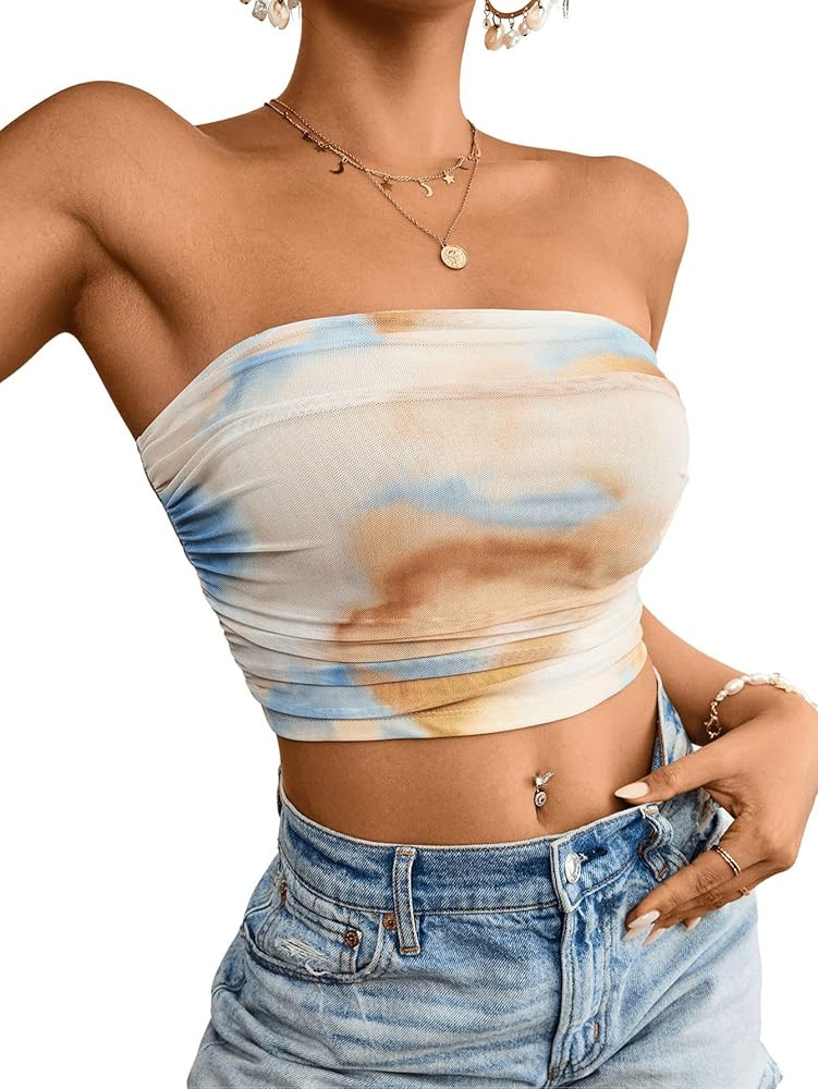 WDIRARA Women's Sexy Tie Dye Ruched Crop Tube Top Mesh Strapless Sleeveless Bandeau Tops | Amazon (US)
