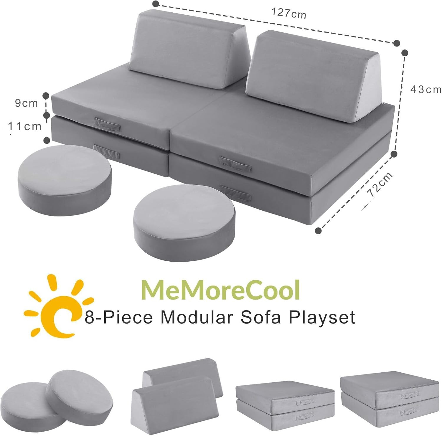 MeMoreCool Kids Modular Play Couch – Compact Foam Explorer Sofa for Toddlers, Grey | Fold-Out F... | Amazon (US)