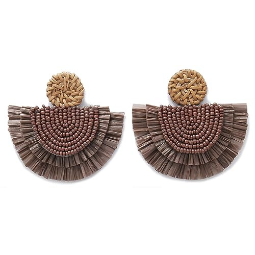 COIRIS Bohemia Beaded Fringe Statement Earrings with Long Dangling Tassel Raffia Earrings for Wom... | Amazon (US)