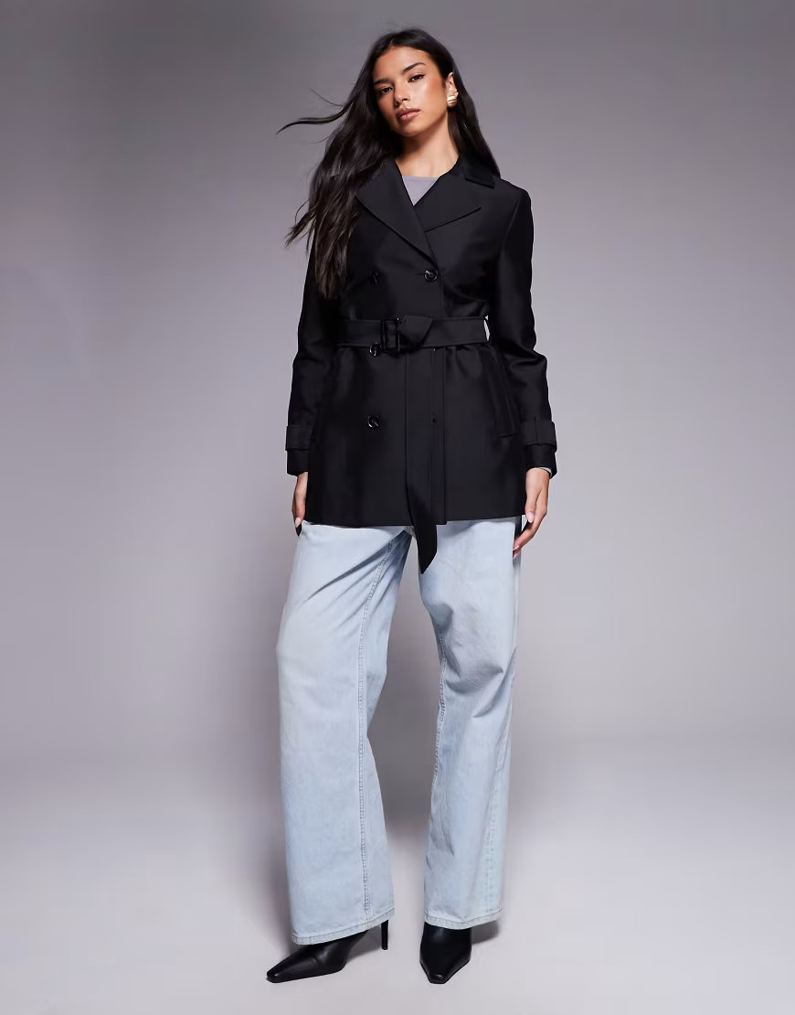 Forever New short belted trench coat in black | ASOS (Global)
