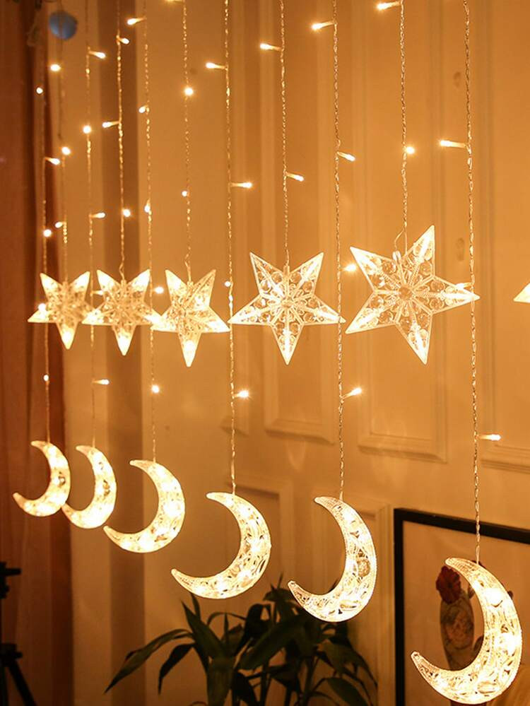 1pc 2*0.8M Plastic Curtain String Light With 115pcs Bulb, Star & Moon Shaped Battery Powered Exte... | SHEIN