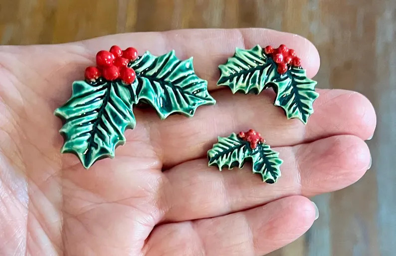 Ceramic Holly Leaf Tiles, 6pcs, Three Sizes, Evergreen With Red, Variegated Leaves, Use for Ornam... | Etsy (US)