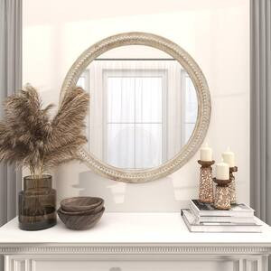 28 in. W x 28 in. H Bohemian Carved Beaded Round Wood Frame Wall Mirror Decorative Mirror | The Home Depot