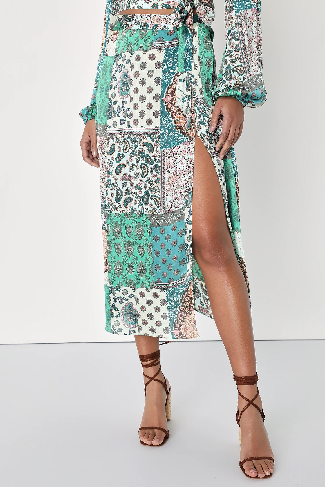 Dinner Party Darling Green Satin Scarf Print Wrap Skirt | Lulus (US)
