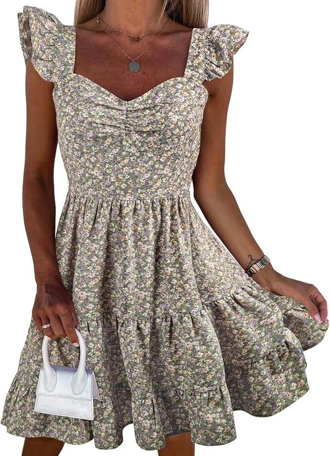 PRETTYGARDEN Women's Casual Summer Dress Floral Boho Ruffle Strap Backless Tiered Mini Short Beac... | Amazon (US)