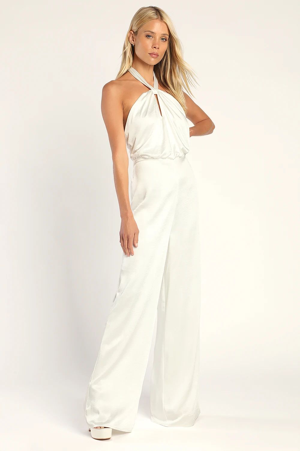 Adoring Angel Ivory Satin Wide-Leg Halter Jumpsuit | Lulus