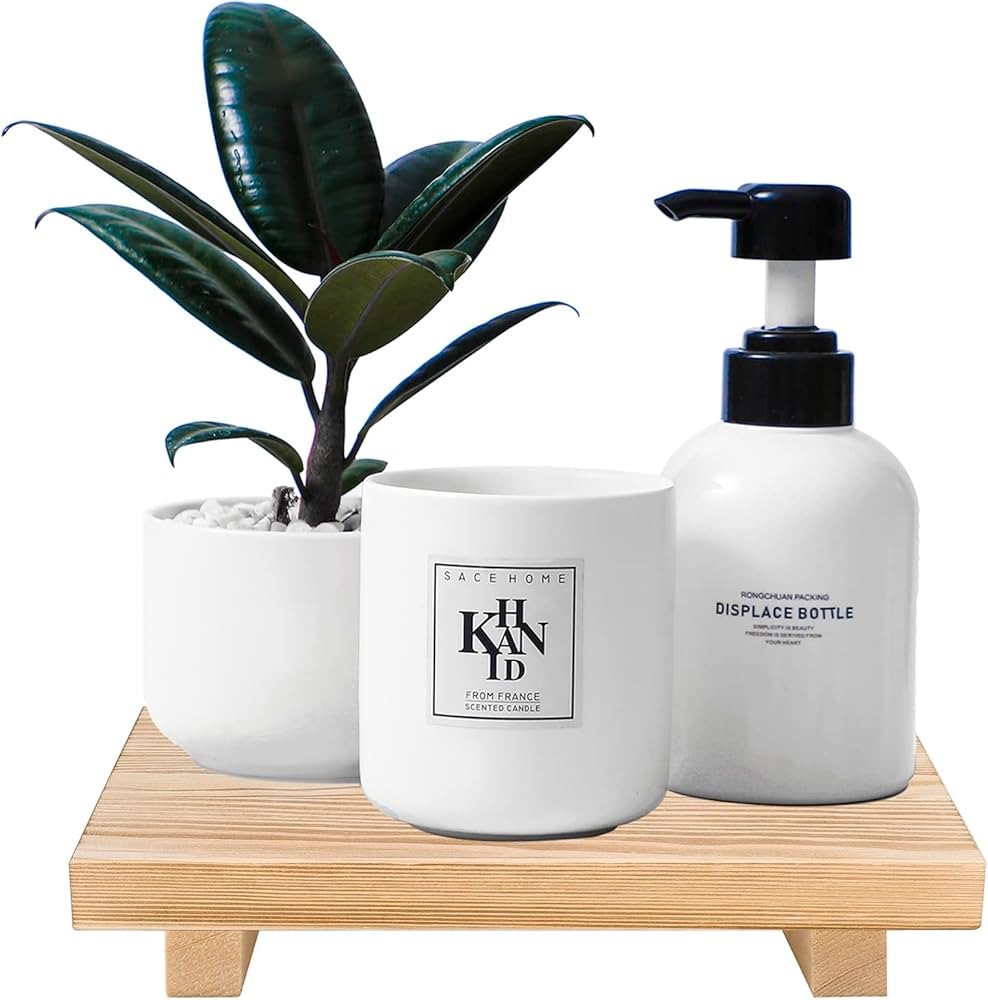 Bathroom Counter Organizer Wood Pedestal Stand Farmhouse Decorative Tray Soap Holder for Kitchen ... | Amazon (US)