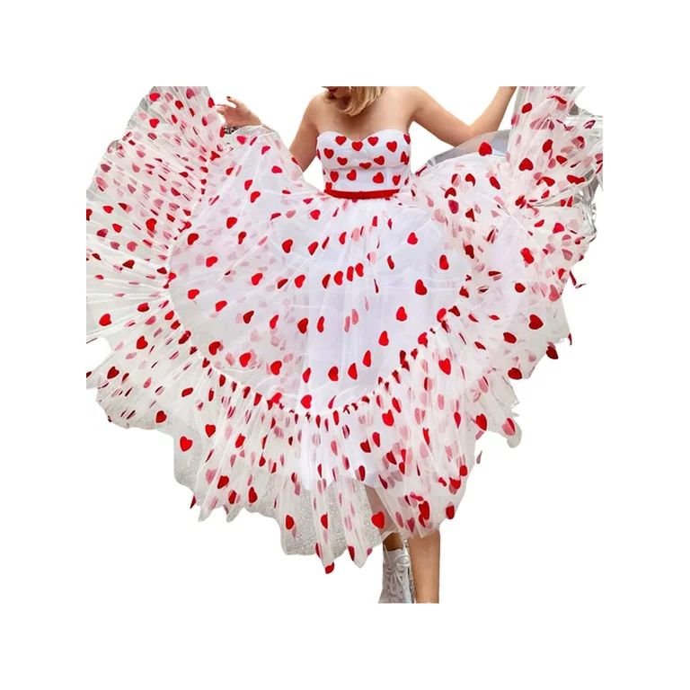 Womens Love Heart Print Tulle Dress Sleeveless Backless Off Shoulder Mesh Puffy Dresses Valentine... | Walmart (US)
