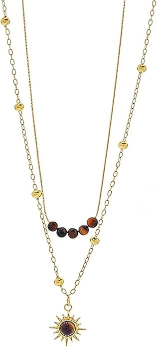 Sun Tiger Eye Stone Necklace Layered Sun Necklace Vintage Exquisite Handmade Sun Tiger Eye Stone ... | Amazon (US)
