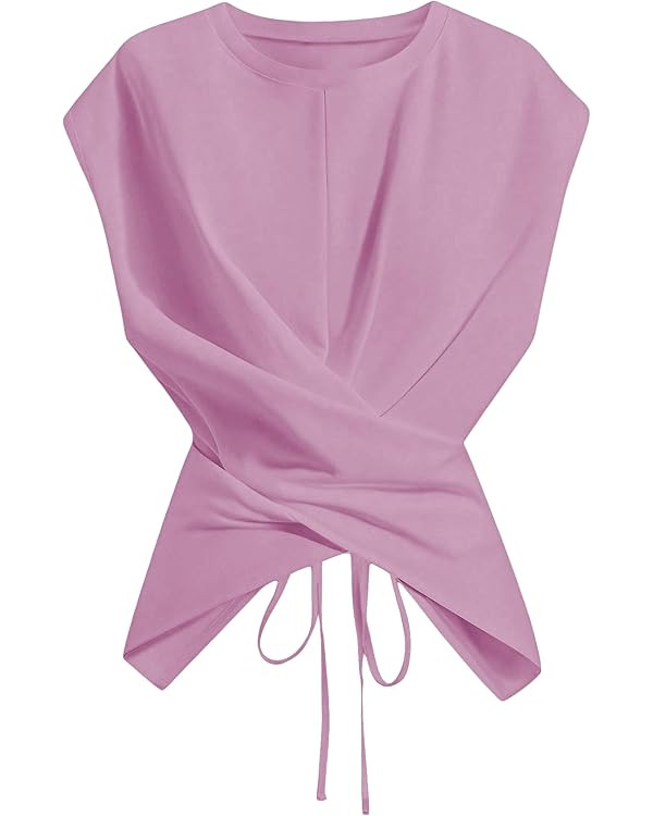 Verdusa Women's Cinched Waist Wrap Top Cap Sleeve Tie Back Going Out Workout Business Casual Tops | Amazon (US)