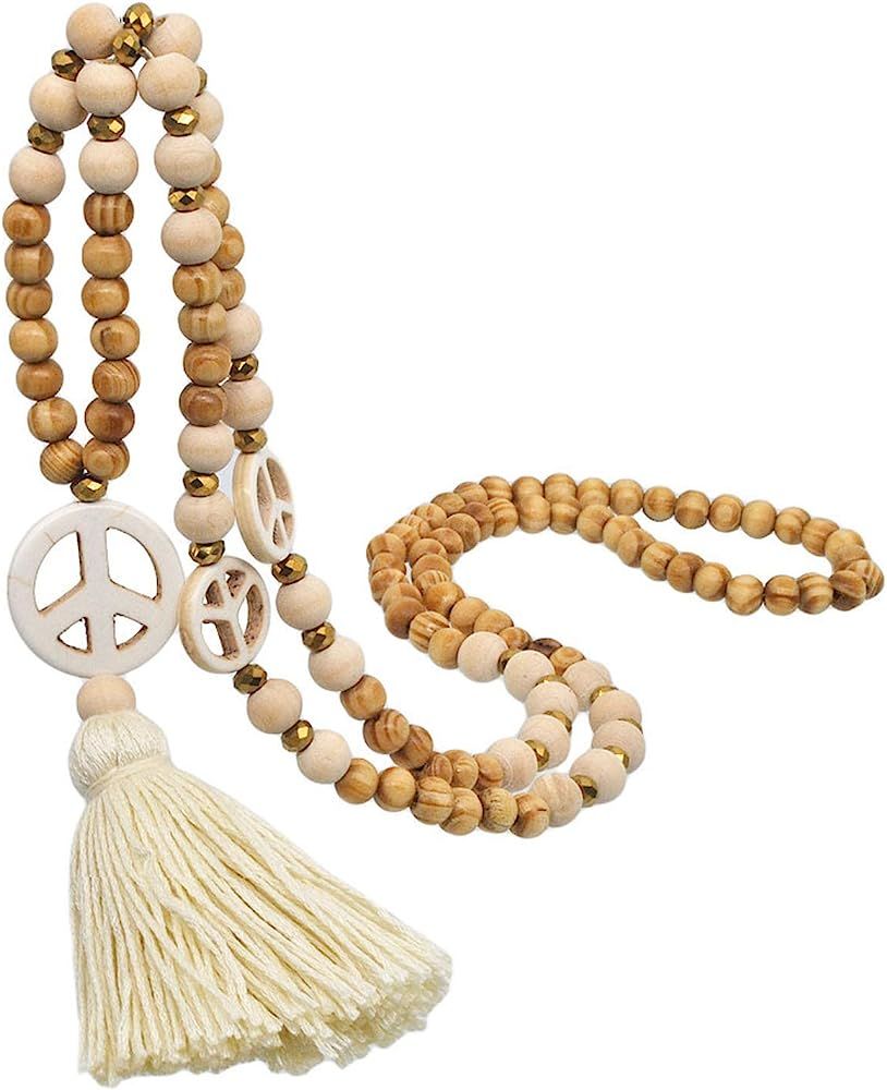 Earhope Bohemian Long Necklace Tassel Threads Peace Sign Handmade Wood Beaded Lightweight Fringe ... | Amazon (US)