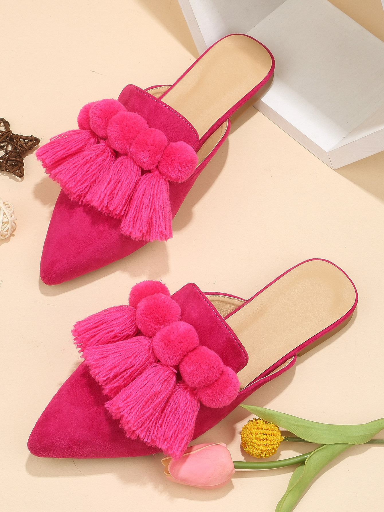 Women Pompom & Fringe Decor Point Toe Flats, Funky Faux Suede Mule Flats | SHEIN