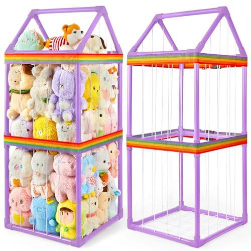 Basumee Stuffed Animals Storage Zoo Kids Plushies Storage Stuffed Animals Holder with Two Rainbow Straps PVC Tube Stuffy Toy Storage Organizer for Girls Boys Nursery Playroom Room Bedrooms, Purple | Amazon (US)