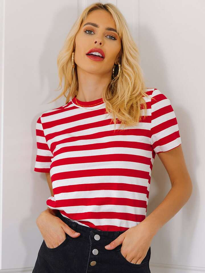 SHEIN LUNE Vermelho e branco Listrado ocasional Camiseta | SHEIN
