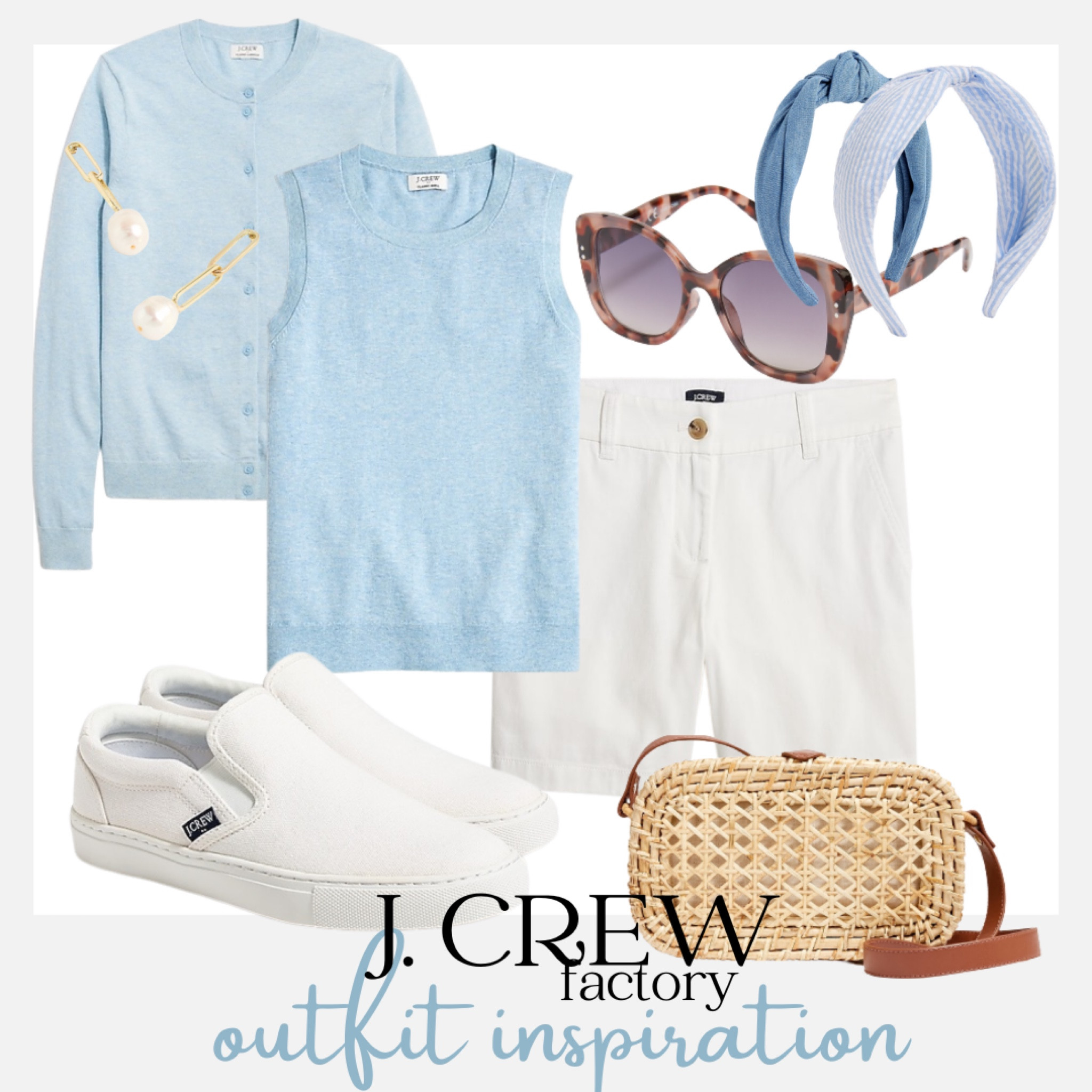 Classic coastal blues for early fall outfits on a budget from J Crew Factory . 
Classic cotton cardigan sweater
Woven crossbody bag, Knotted wrap headband , Pearl chai link drop earrings, large frame sunglasses , classic chino shorts, canvas slip on sneakers, . 

#LTKBacktoSchool #LTKSeasonal #LTKsalealert