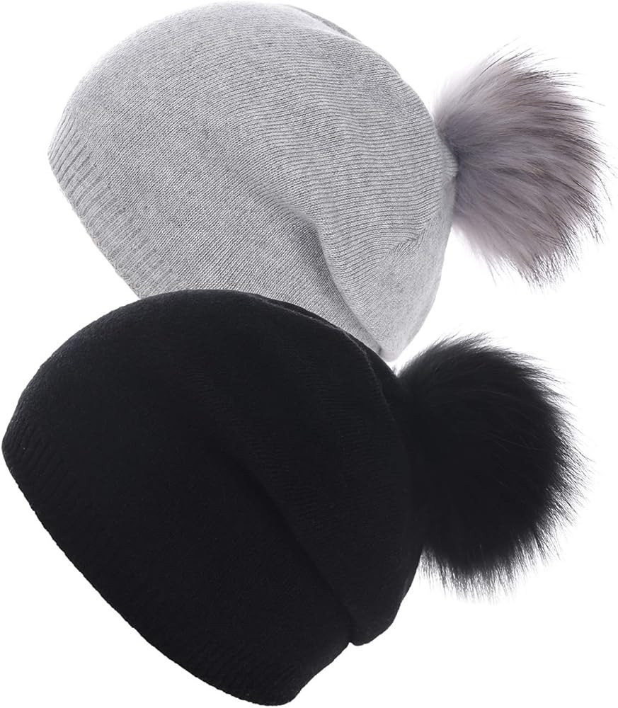 Women Knit Wool Beanie - Winter Fashion Solid Wool Hats Real Removable Raccoon Fur Pom Pom Warm S... | Amazon (US)
