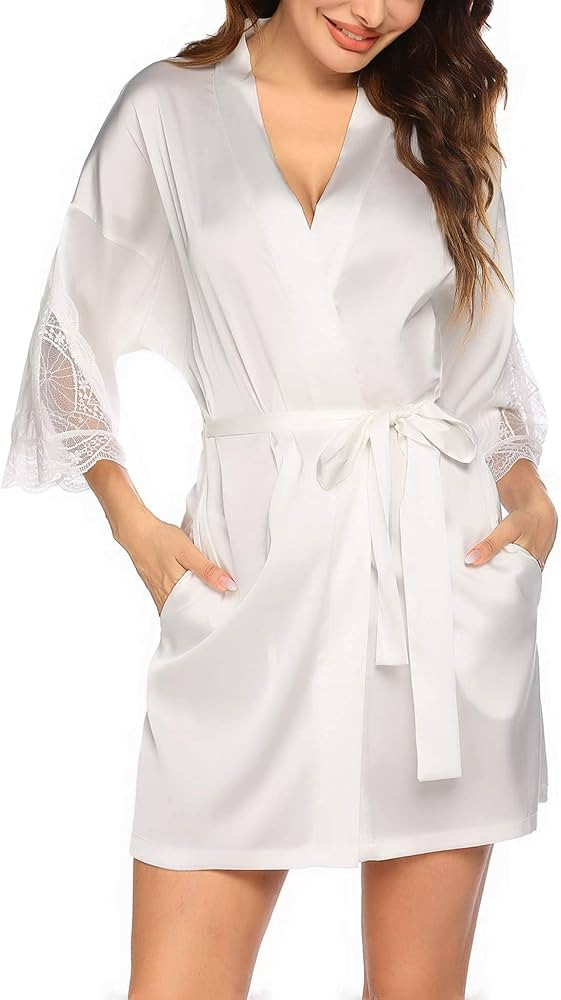 Hotouch Women's Satin Robes Short Silk Kimono Bathrobe Lace Trim 3/4 Sleeve Bridesmaid Wedding Pa... | Amazon (US)