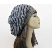 Crochet Slouchy Hat Gray Knit Beanie Blue Striped Beret Tam Women's | Etsy (US)