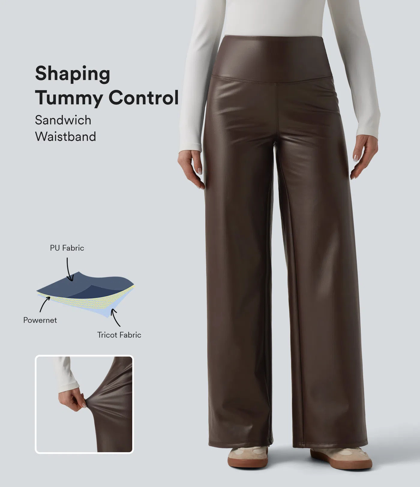 Women’s High Waisted Tummy Control Wide Leg Stretchy PU Fleece Casual Pants with Pockets - Hala... | HALARA