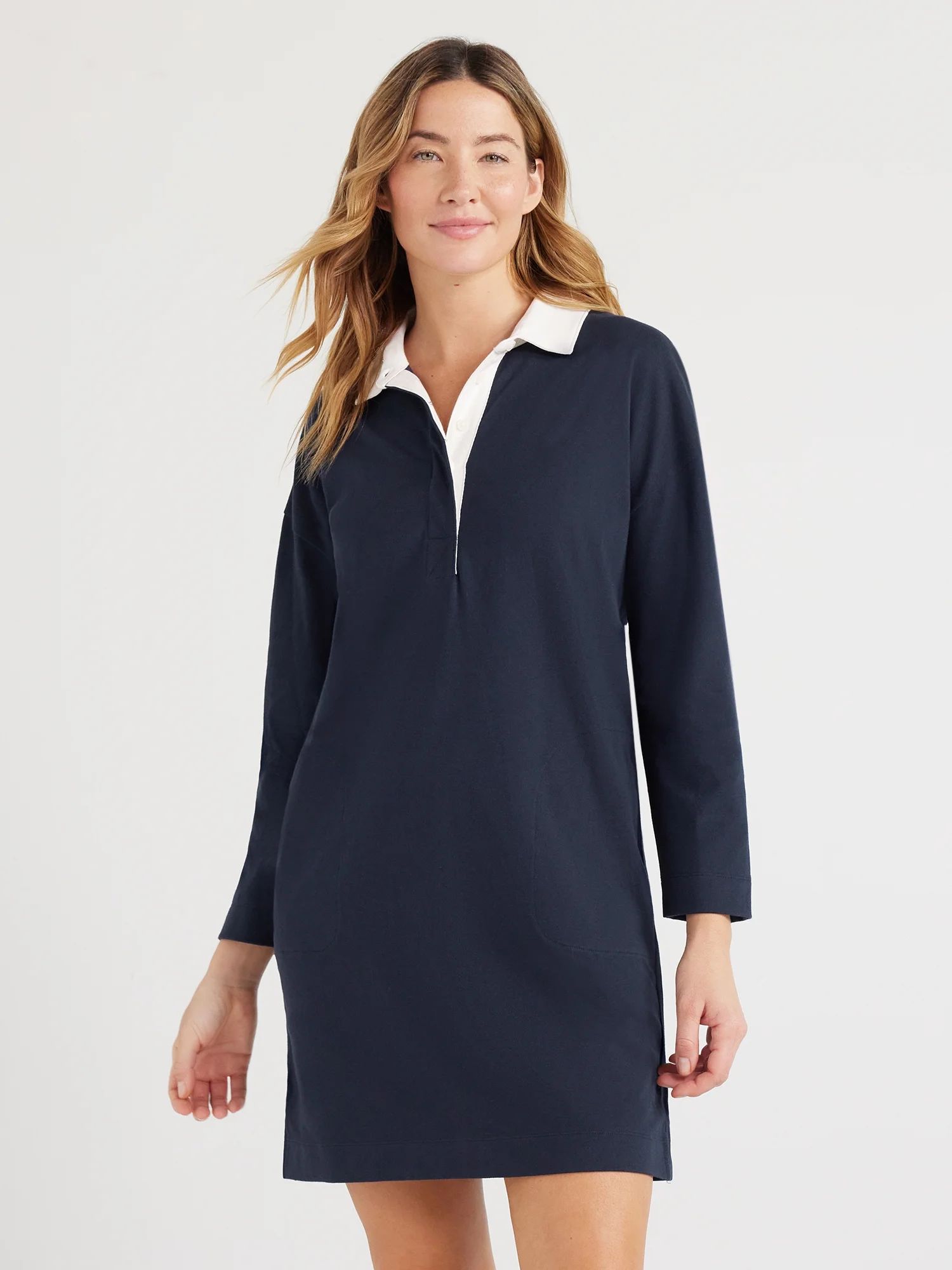 Free Assembly Women’s Striped Polo Mini Dress with Long Sleeves, Sizes XS-XXL | Walmart (US)
