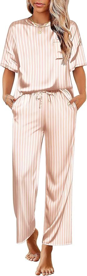 Ekouaer Womens Silk Pajamas Set Print Satin PJs Set Two Piece Pj Sets Sleepwear Loungewear Short ... | Amazon (US)