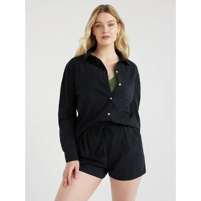 Time and Tru Women's and Women's Plus Cotton Button Front Coverup Shirt, Sizes XS-3X | Walmart (US)