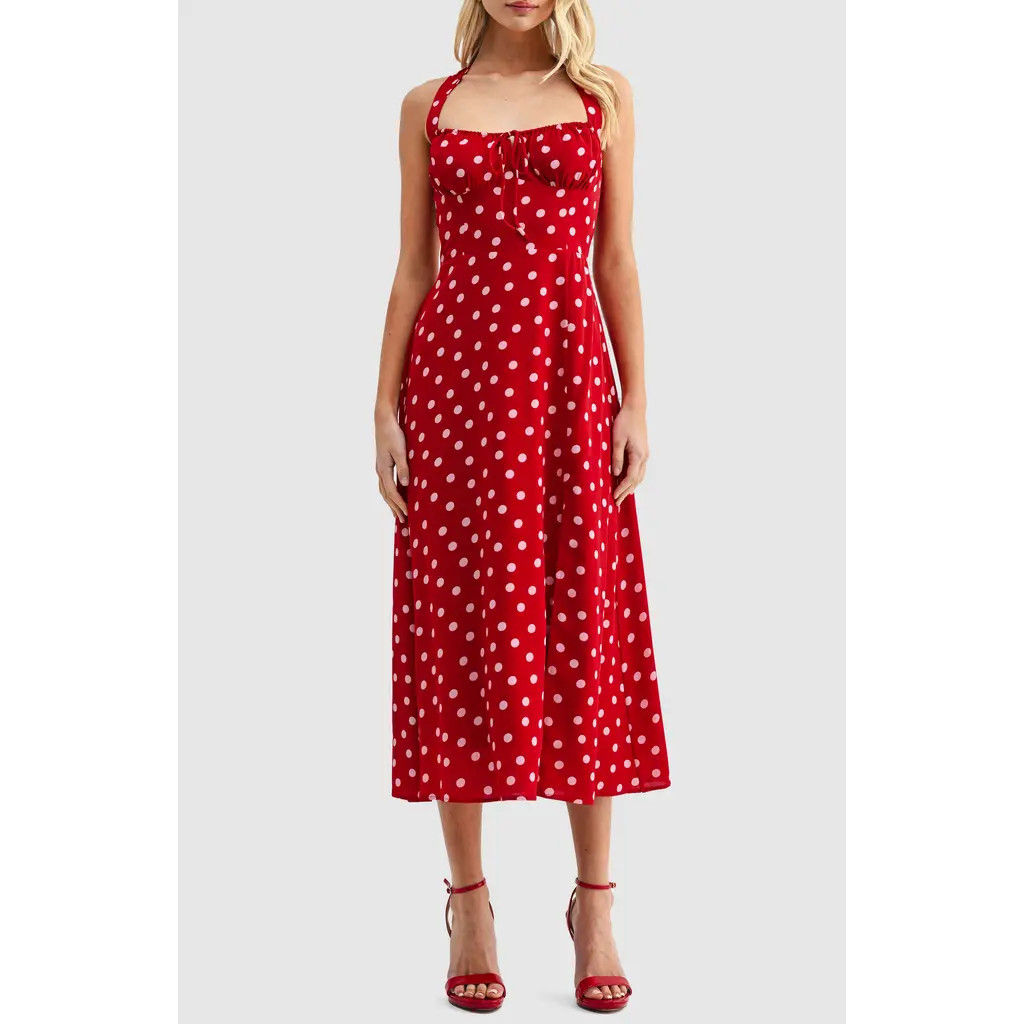 All in Favor Dot Halter Midi Dress in Red Pink Dot at Nordstrom, Size Large | Nordstrom