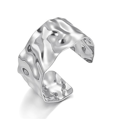 ENSKEFEN Hammered Silver Cuff Bracelet for Women Irregular Wide Open Bracelets Chunky Statement White-Gold Bracelet Adjustable Wrist Cuff Bracelets | Amazon (US)
