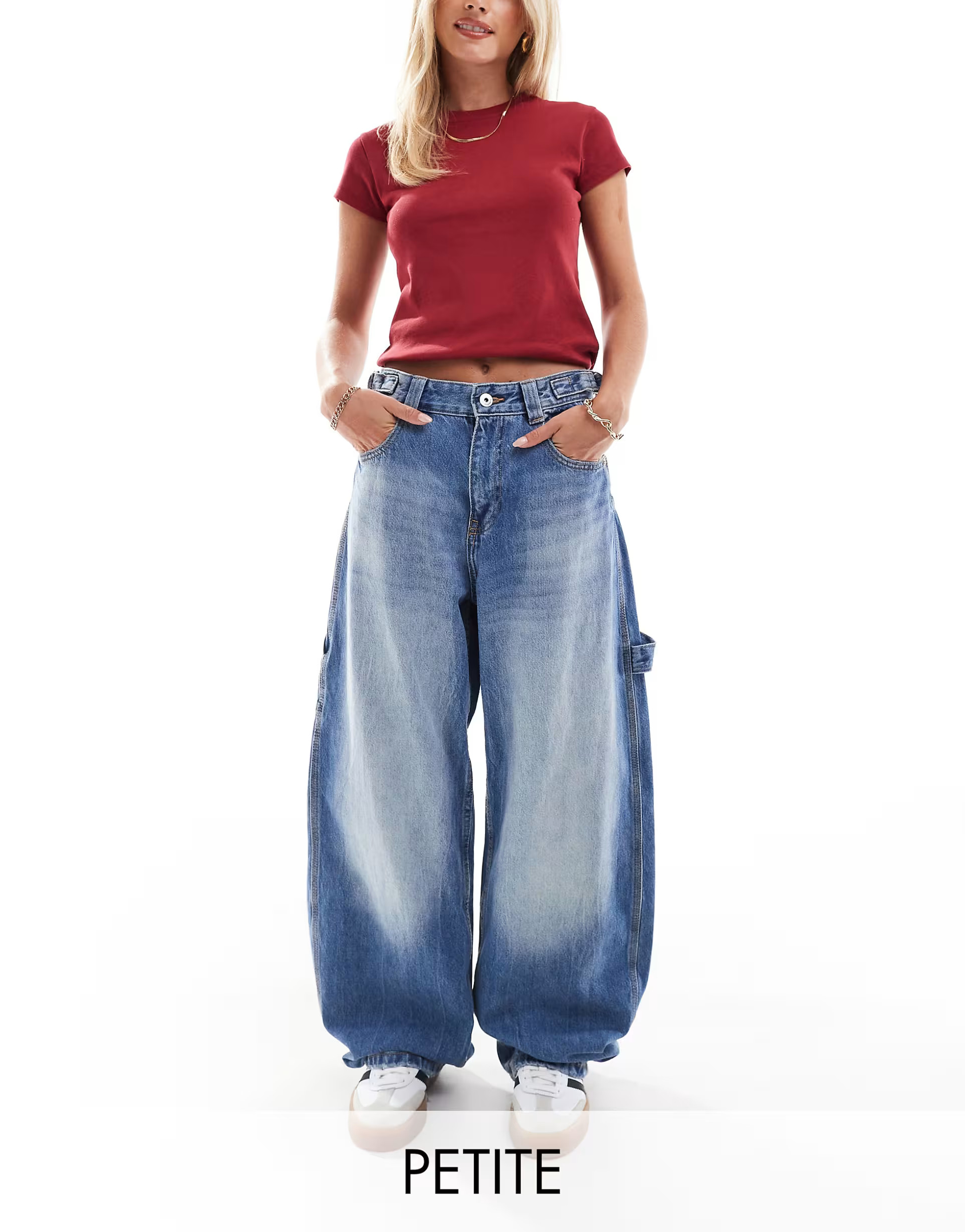 Bershka Petite adjustable waist carpenter jeans in light wash blue | ASOS (Global)