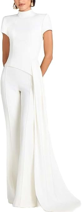 THLAI Womens 2 Piece Outfits Solid Choker Neck Short Sleeve Top with Side Ribbon Wide Leg Pants S... | Amazon (US)