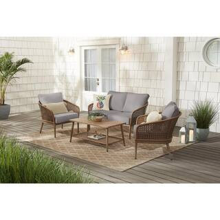 Hampton Bay Coral Vista 4-Piece Brown Wicker and Steel Patio Conversation Seating Set with Cushio... | The Home Depot