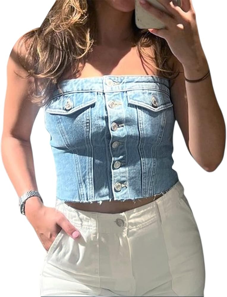 Wedcur Women Sexy Sleeveless Denim Corset Top Tube Backless Off Shoulder Crop Top Bustier Button ... | Amazon (US)