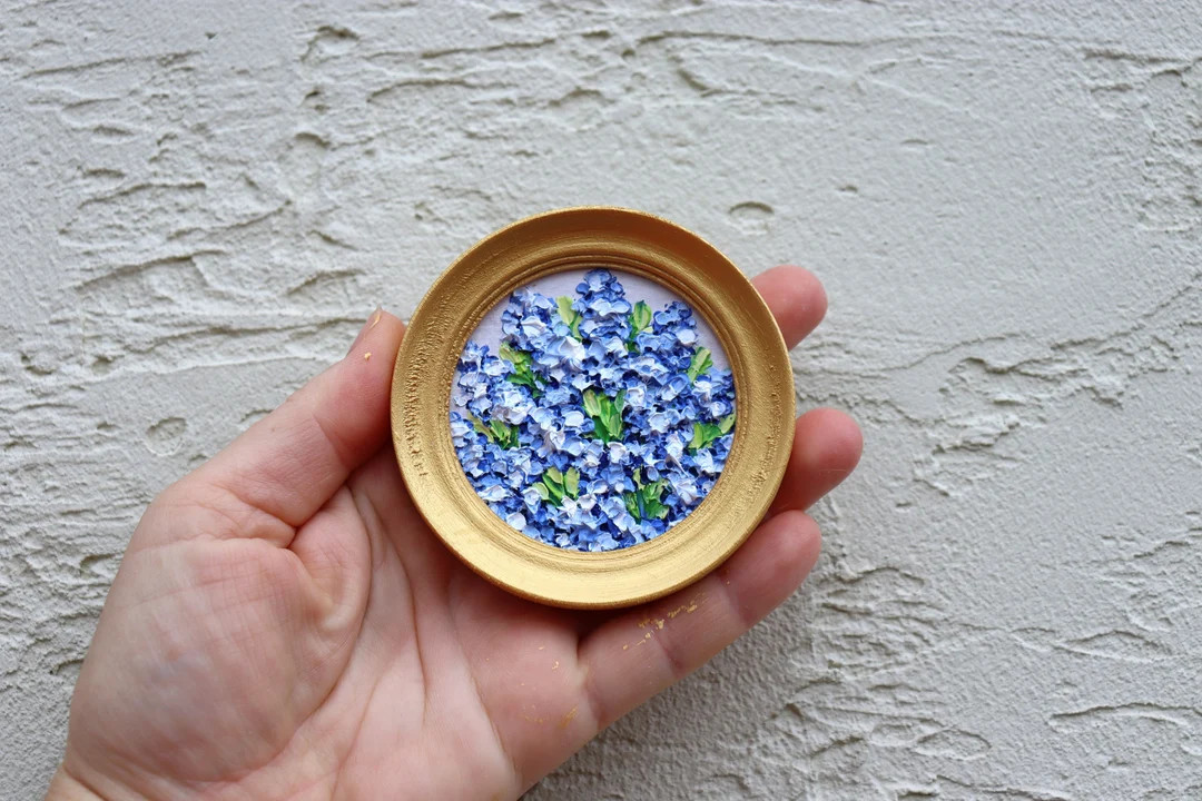 Forget-me-nots Art Mini Original Painting Blue Flowers Small Artwork Round Small Oil Painting Gol... | Etsy (US)