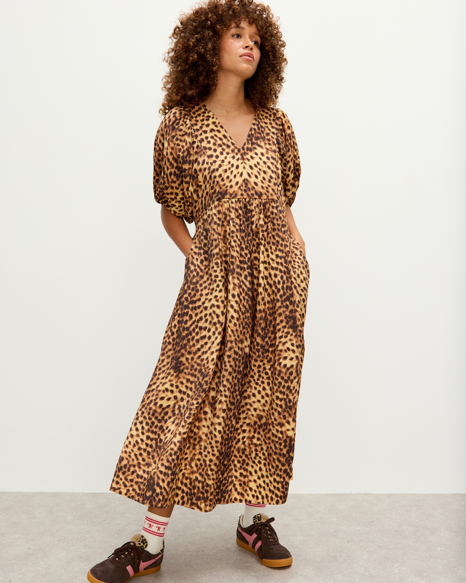 Brown Animal Print V-Neck Midi Dress, size 14 | Oliver Bonas (Global)