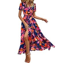 PRETTYGARDEN Women's Summer Wrap Maxi Dress Casual Boho Floral V Neck Short Sleeve Ruffle Hem Spl... | Amazon (US)