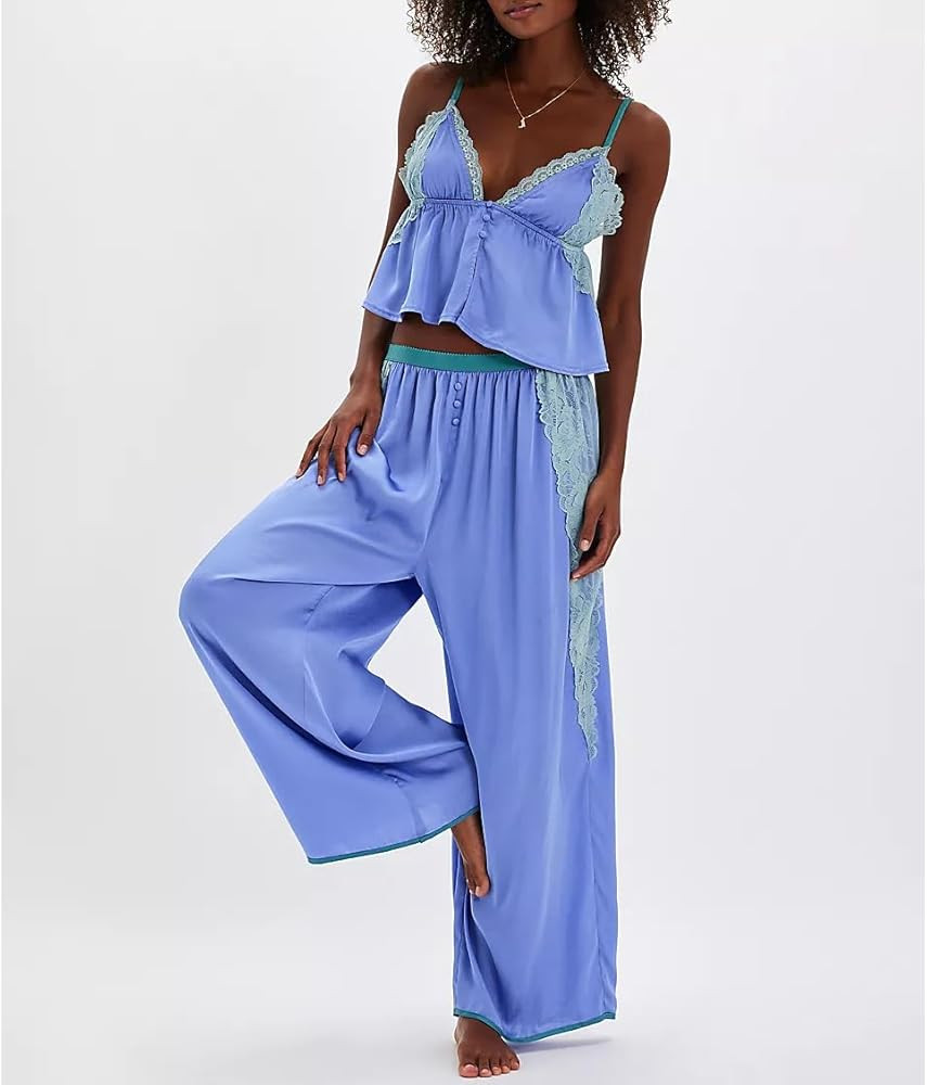 Amiblvowa Silk Satin Pajamas Women Lace Trim Spaghetti Stap Babydoll Tops Mid Waist Wide Leg Pants Y2K Lounge Sets Soft Pjs | Amazon (US)