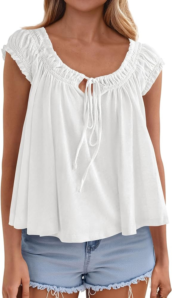 PRETTYGARDEN Womens Tie Front Tank Tops 2026 Summer Fashion Cap Sleeve Babydoll Blouses Flowy Shi... | Amazon (UK)