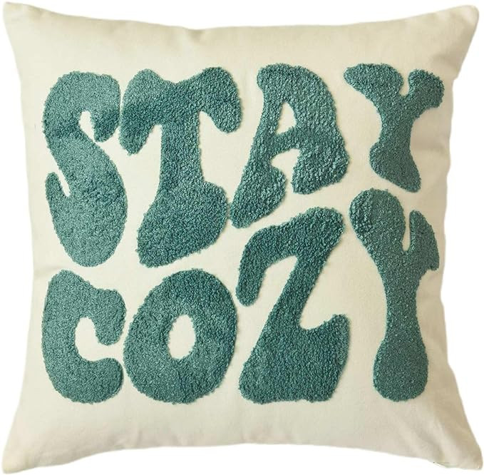 Embroidered Stay Cozy Decorative Throw Pillow Cover, Stay Cozy 18 Inches x 18 Inches Cover Only | Amazon (US)