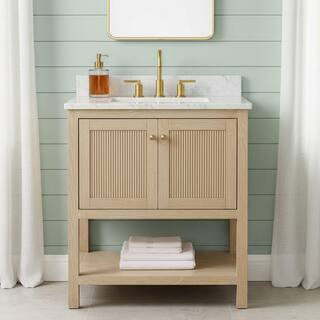 Home Decorators Collection Arcott 31 in. Single Sink Fluted Natural Wood Bath Vanity with White C... | The Home Depot