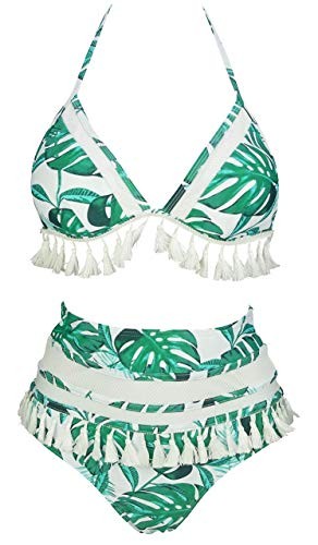 COCOSHIP Women's Mesh Striped High Waist Bikini Set Tassel Trim Top Halter Straps Swimsuit(FBA) | Amazon (US)