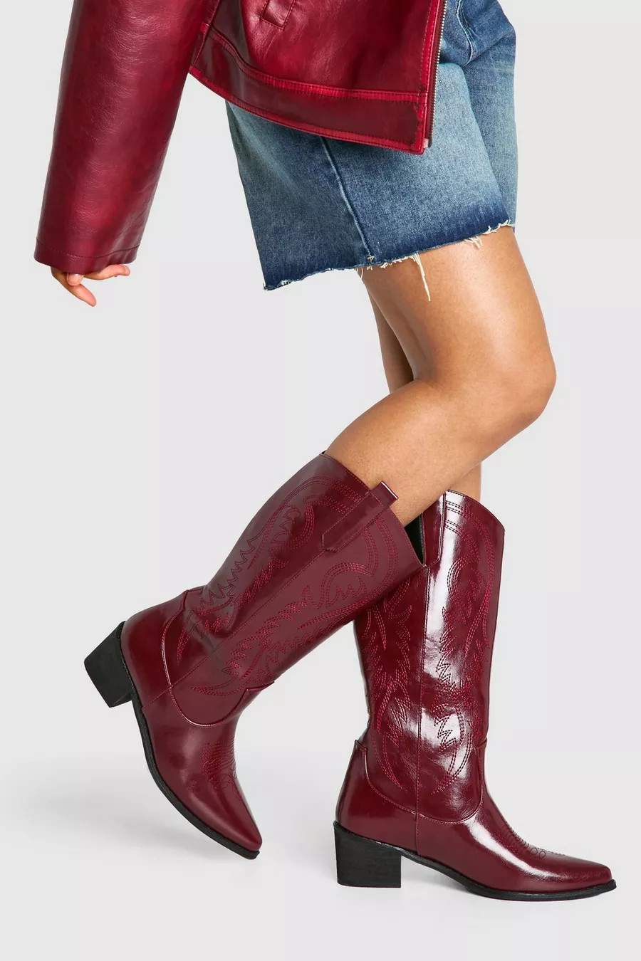 Vintage Look Calf Detail Embroidered Western Cowboy Boots | boohoo (US & Canada)