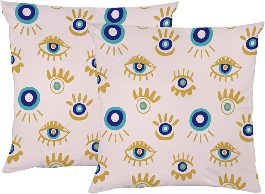DreamBay Throw Pillow Covers 18x18 Set of 2 Boho Evil Eyes Blue White Golden Decorative Square Pi... | Amazon (US)