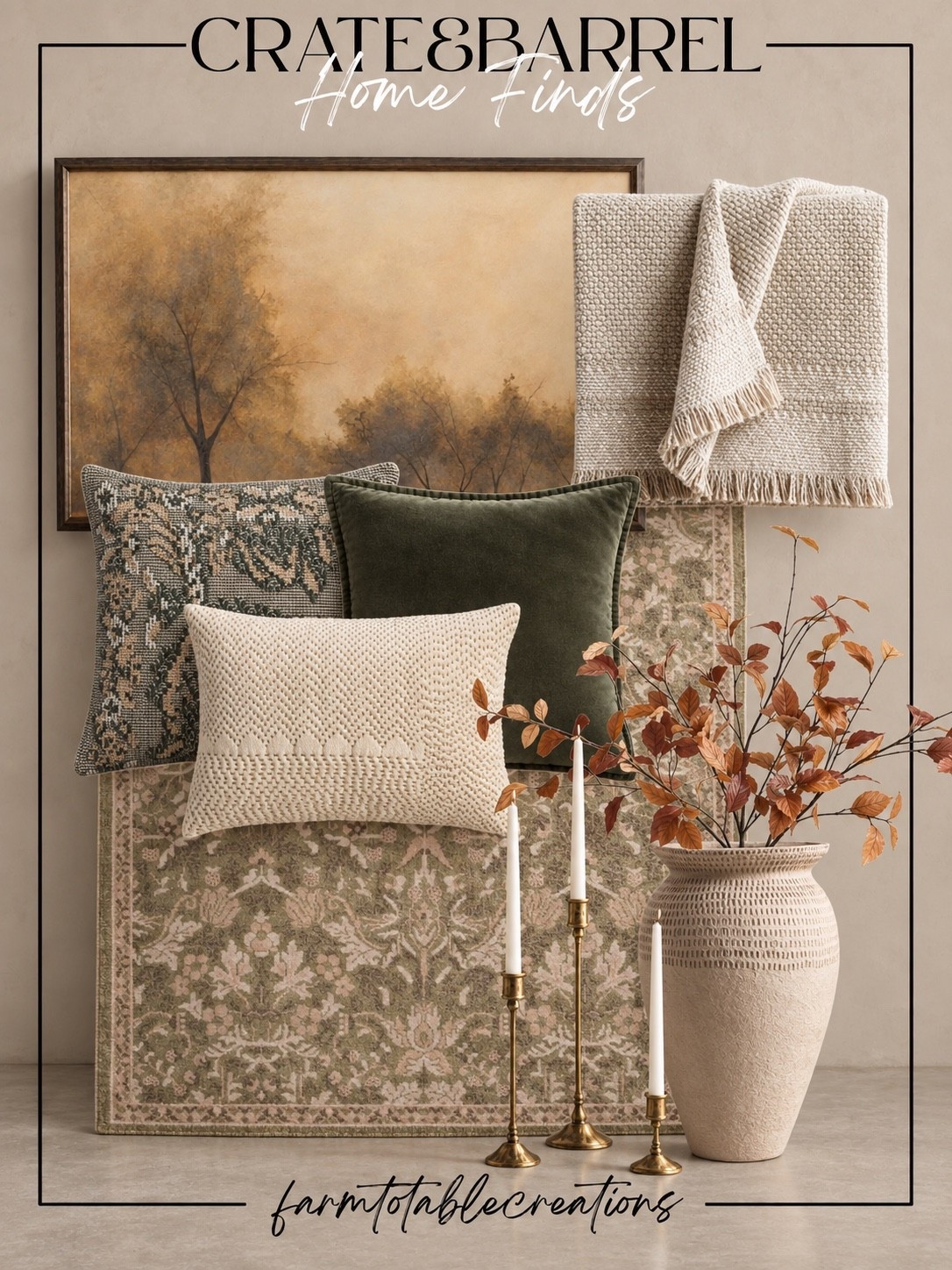 Crate & Barrel Cozy Fall Home Finds 🍂

These Crate & Barrel finds are the perfect blend of warm, organic, and elevated for fall. The muted vintage-inspired rug, moody landscape artwork, olive pillows, creamy textured throw, aged brass candlesticks, and oversized vase create such a beautiful collected look.

I love how the earthy greens, warm rust foliage, and soft neutrals bring in the feeling of fall without being overly seasonal. These are timeless pieces you can style now and continue using well beyond autumn.

Follow @farmtotablecreations on Instagram for more cozy home finds and trending decor.

#LTKHome #CrateAndBarrel #CrateAndBarrelFinds #FallHome #FallDecor #CozyHome #NeutralHome #DesignerInspired #OrganicModern #VintageInspired #WarmNeutrals #CollectedHome #CozyDecor #LTKFinds

#LTKHome